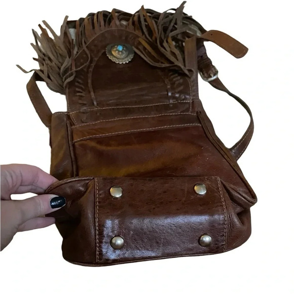 American West Brown Leather Fringe Crossbody Bag with Turquoise Concho - Picture 4 of 13